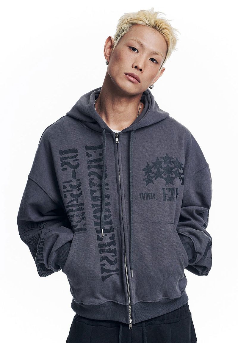 Marine Crack Print Hooded Zip-Up - Charcoal