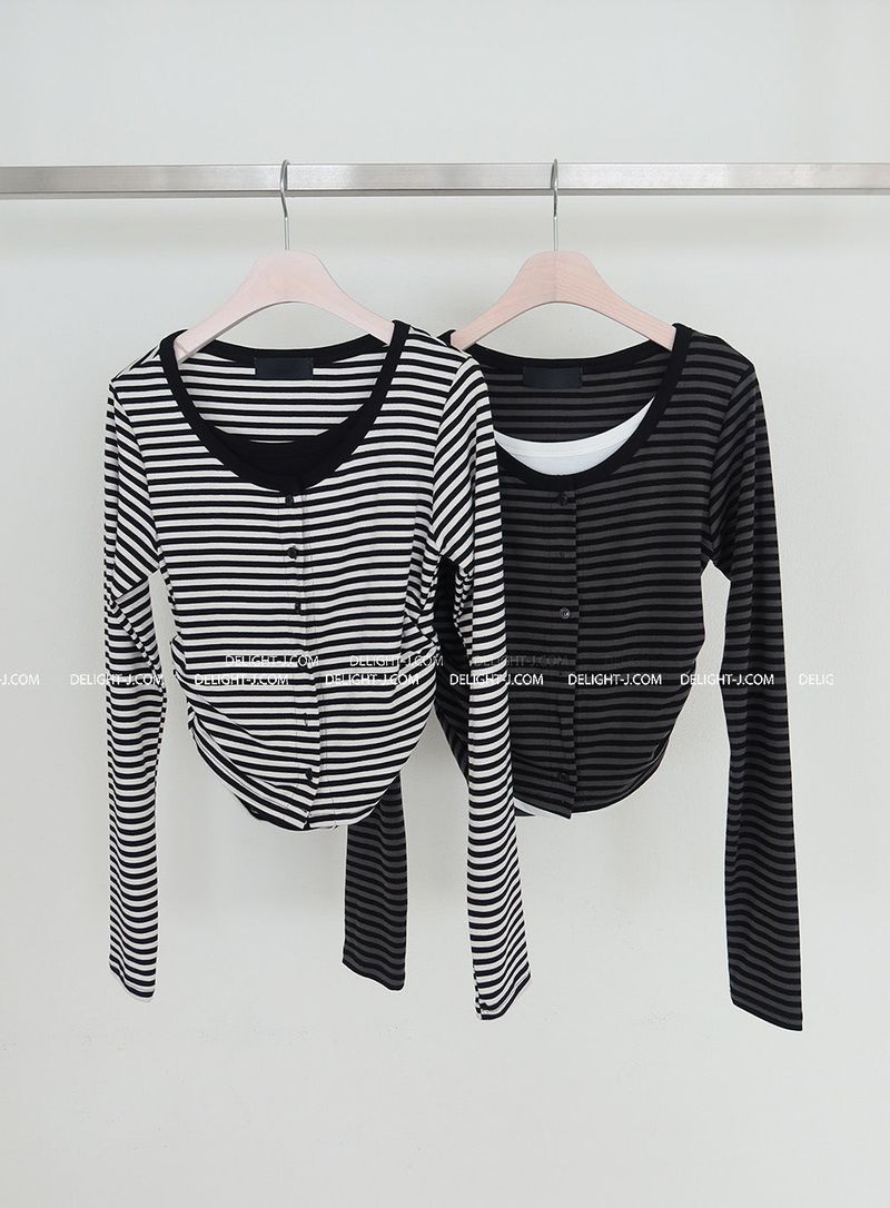 Stripe Layered Shirring Cardigan