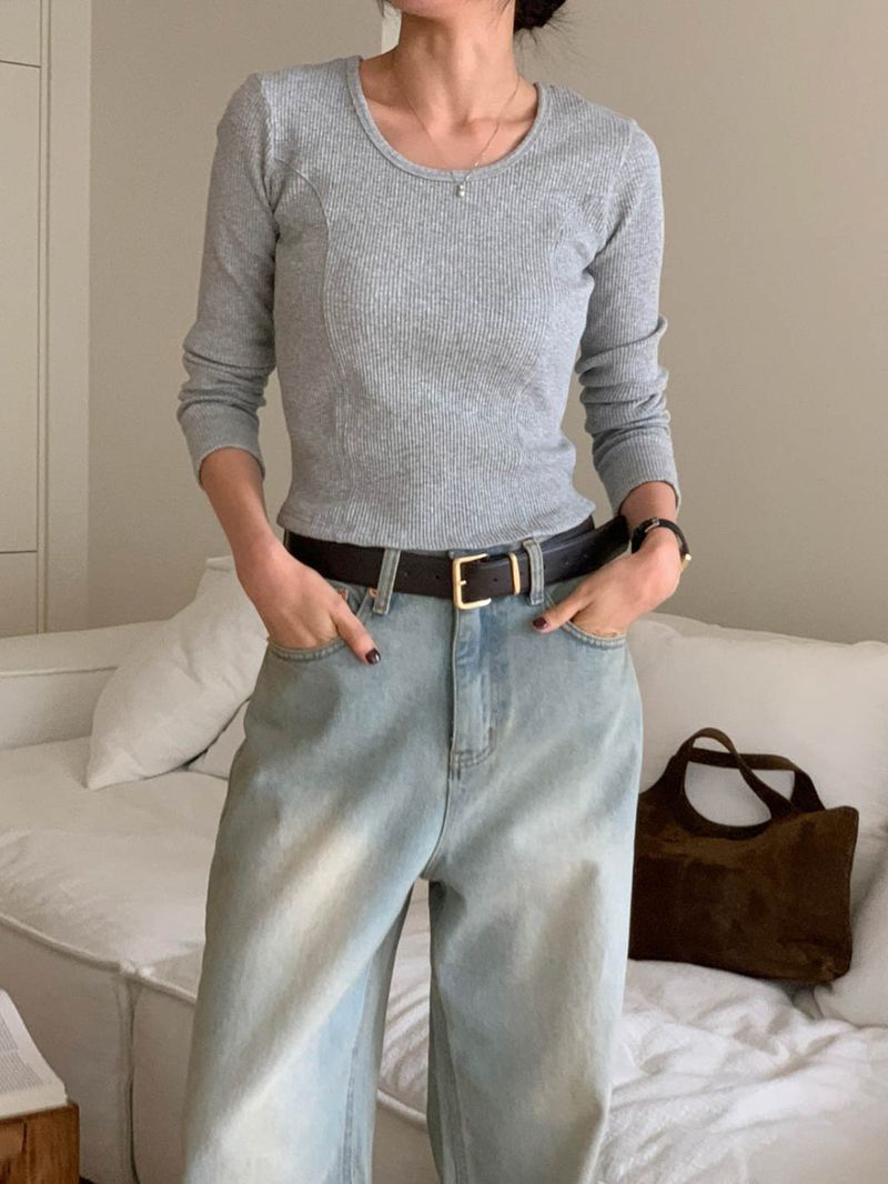 Noiton ribbed U-neck T-shirt