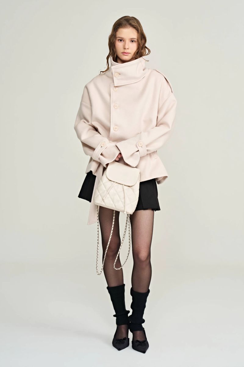 Cream rose high-neck wool coat, Baby Pink