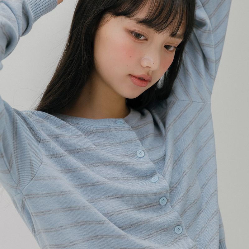 mellotory（メロートリー）の「ソフト ストライプド ニット カーディガン (LIGHT BLUE)（トップス）」