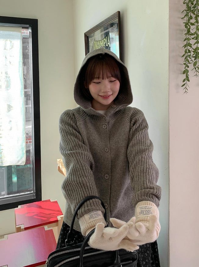 Higanne High Neck Angora Hood Knit Cardigan