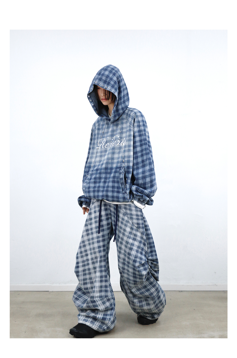 RELABEL (Gemeng) Stud-embellished, printed, gradient-wash checked hooded denim sweatshirt