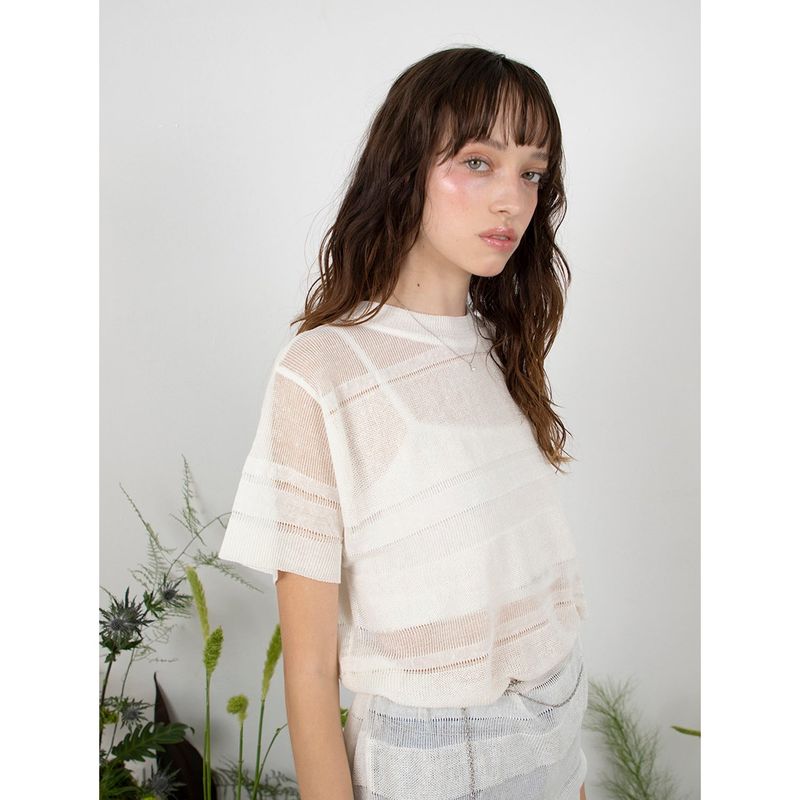 LINEN STRIPE KNIT TOP - WHITE