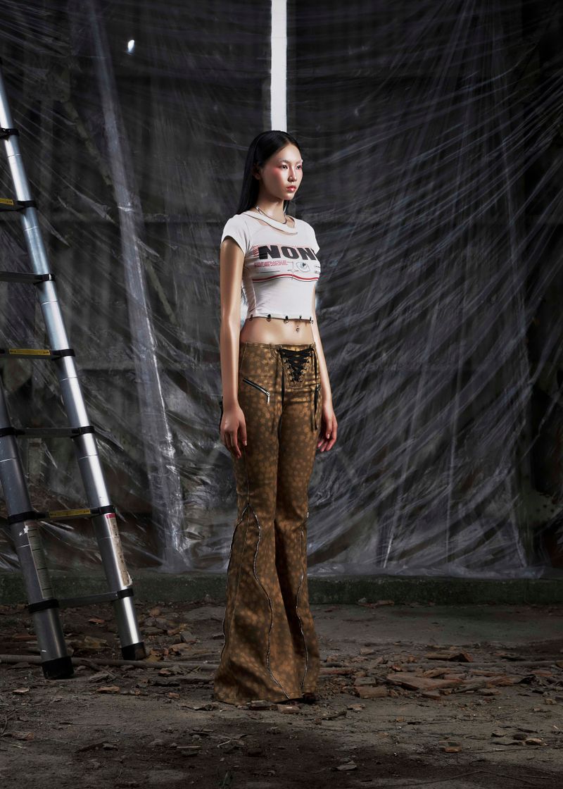 NONE Printed Lace Up Flared Jean