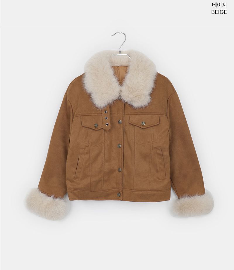 Dyuni Suede Quilted Buckle High-Neck Faux Fur Jacket