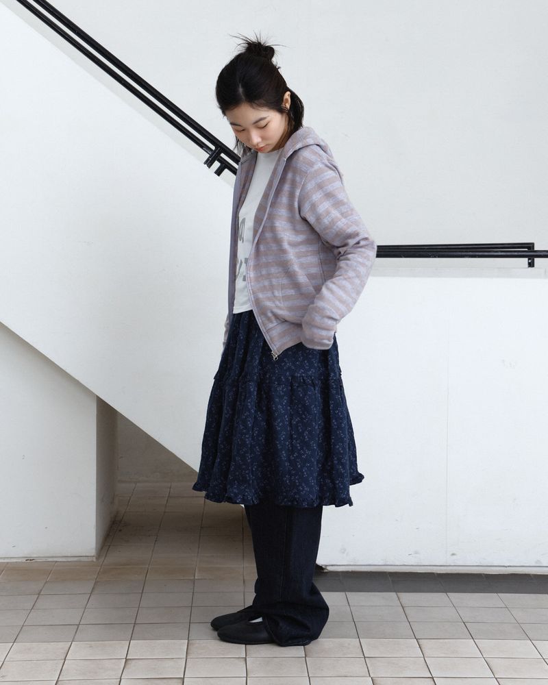 Stripe Button Knit Hooded Zip-Up