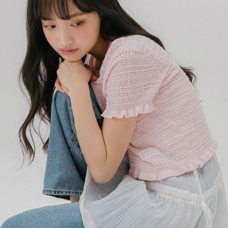 mellotory（メロートリー）の「CROCHET SHORT-SLEEVED KNIT CARDIGAN (LIGHT PINK)（Tops）」