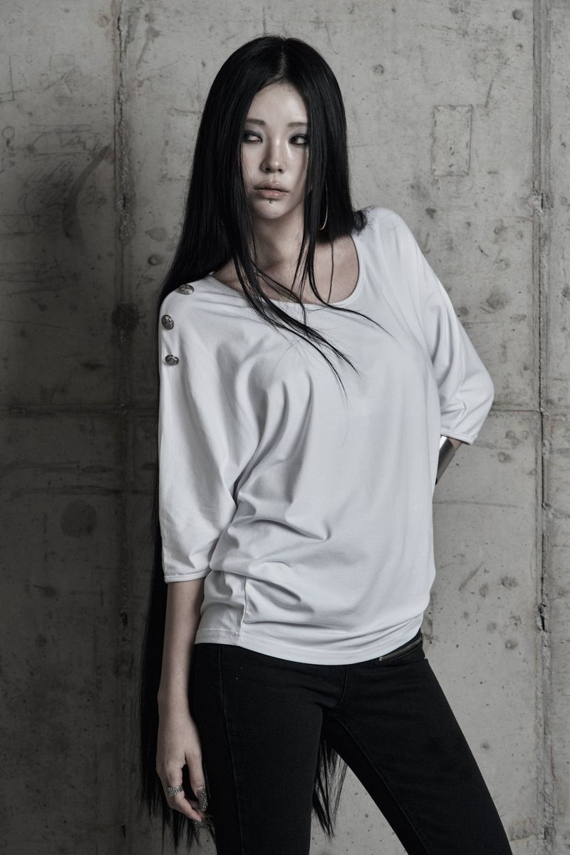 [label] metal button loose drape top WHITE