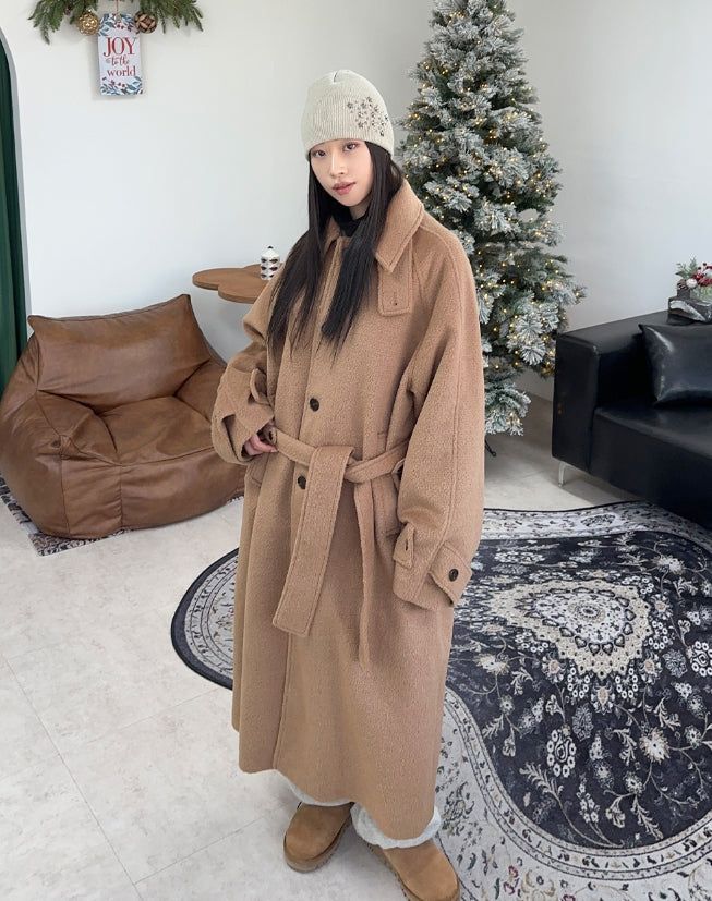 Aren Wool Raglan Belted Long Coat