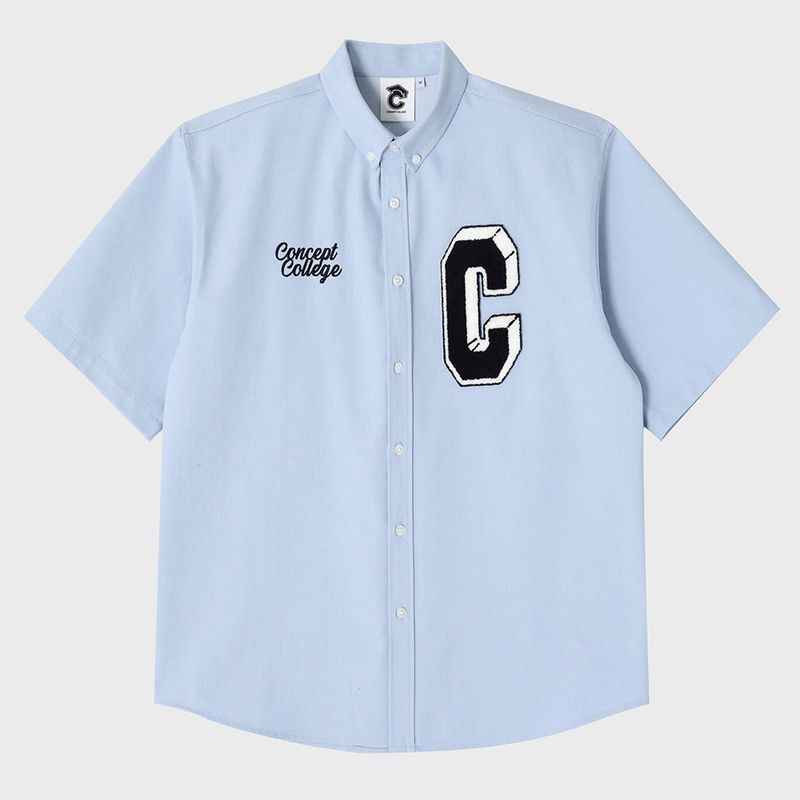 Navy C Patch Light Blue Denim short-sleeved Shirt [Unisex]