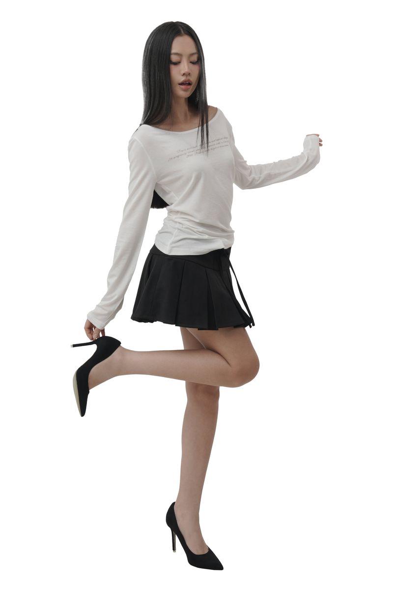 Hugging ribbon pleated skirt, Black