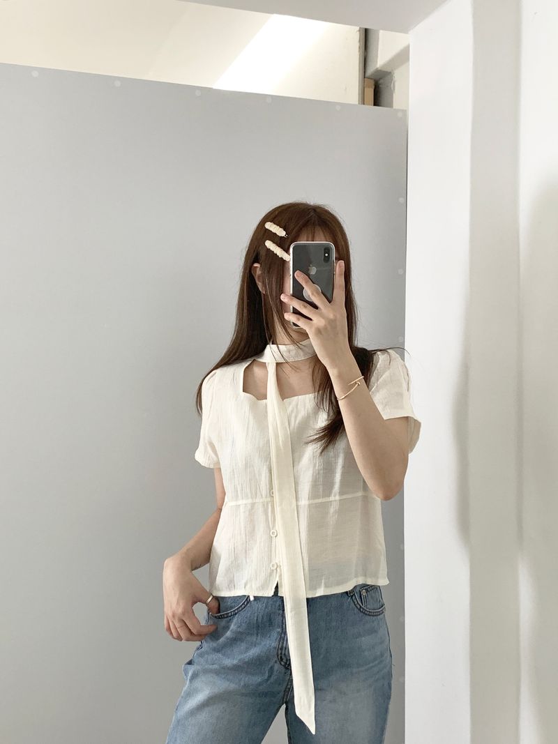 Blian Puff Short Sleeve Blouse Scarf Tie Set