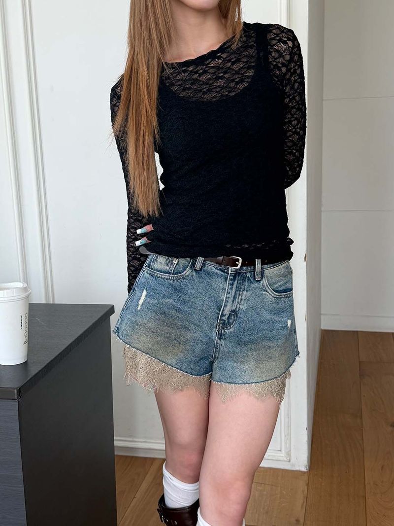 See through lace wave t-shirts(3color)