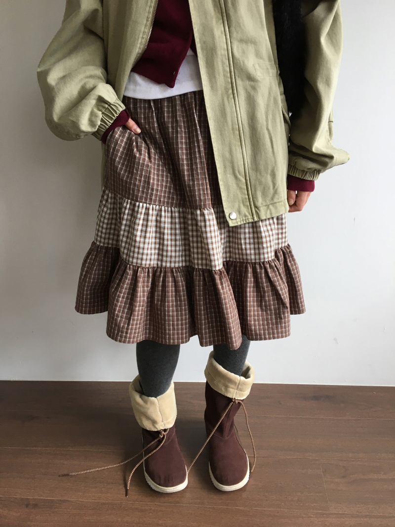 Fold check skirt (3color)