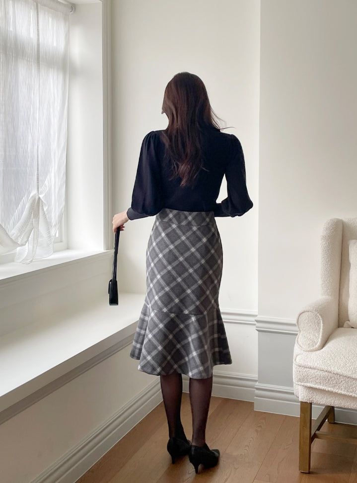Kellin Wool Check Mermaid Midi Skirt