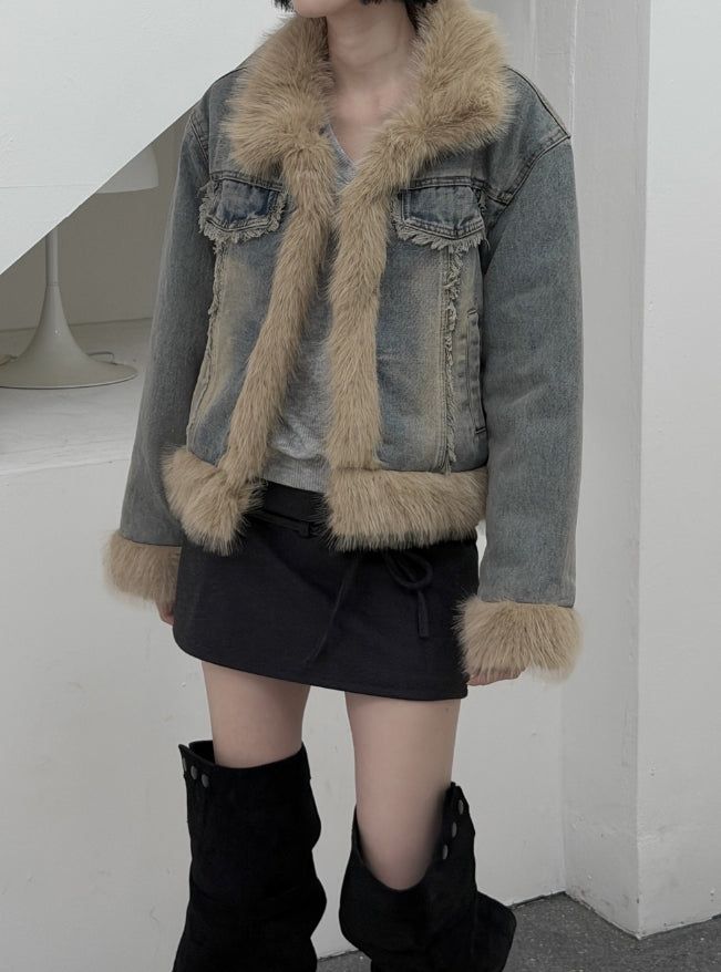 Fur trimmed quilted denim jacket