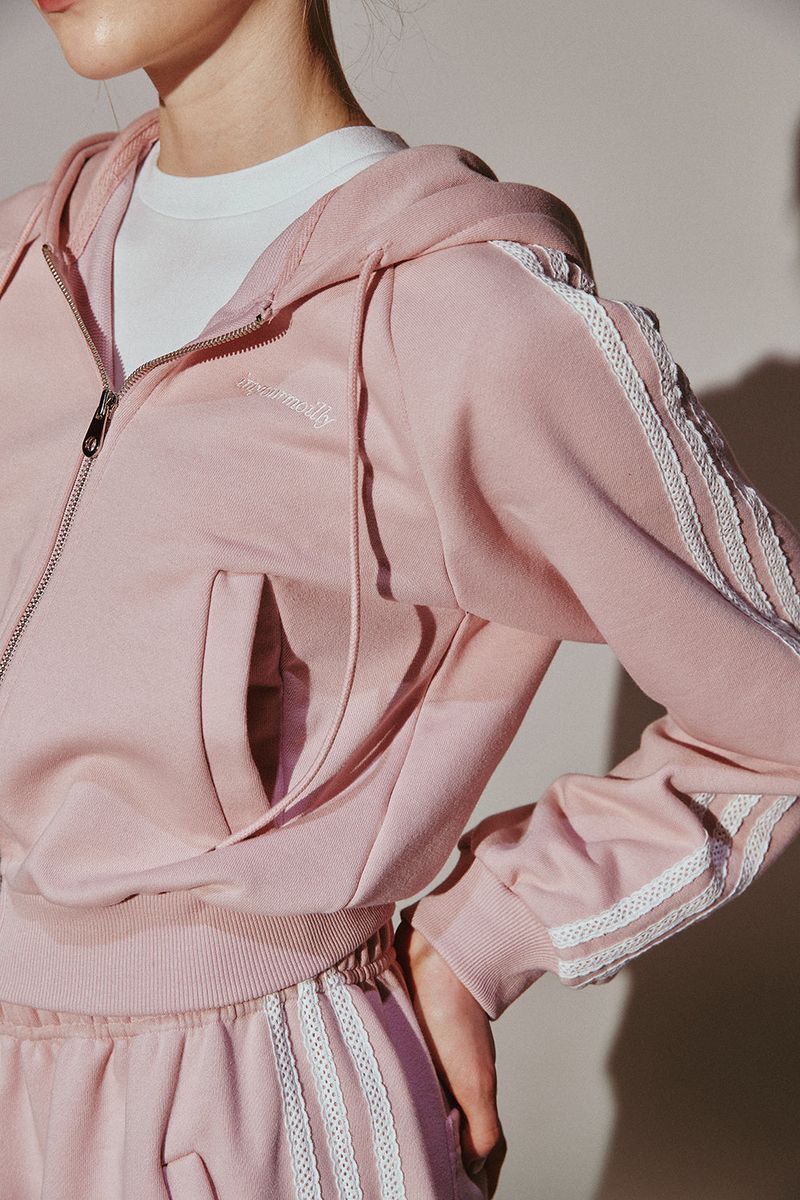 Lace Tape Hood Zip-Up Pink
