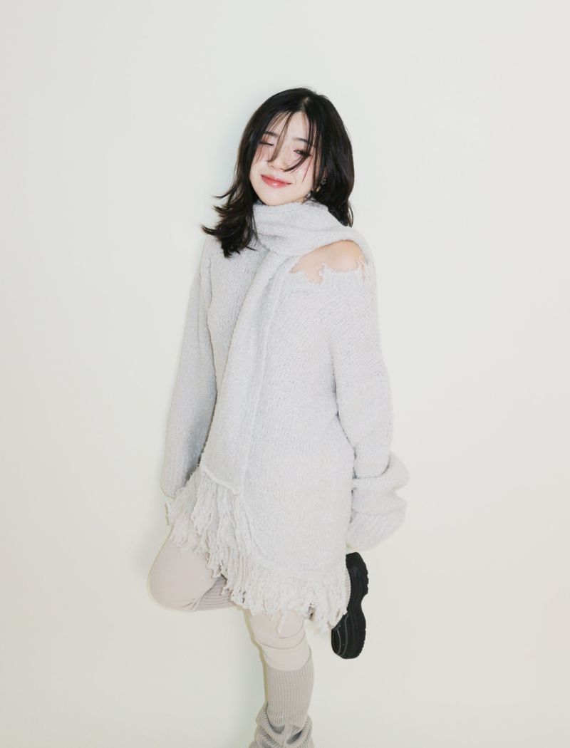 Puddle Demoor Tester Damage Long-Sleeved Knitwear Dress (Muffler Set)