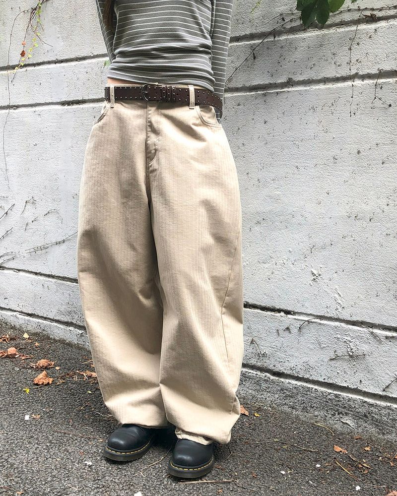 Cookit Stripe Slit Balloon Fit Wide Cotton Long Pants