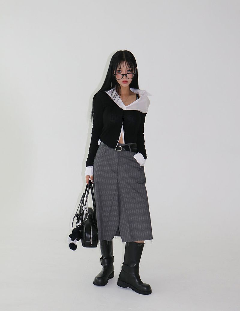 shoulder unbalanced ribbed cardigan