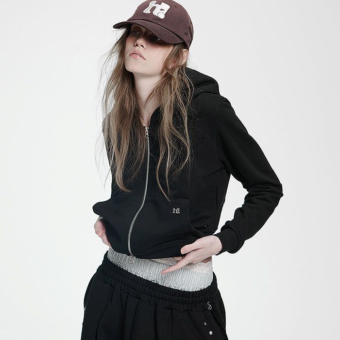 Holy Symbol Crop Hooded Zip-Up_BLACK