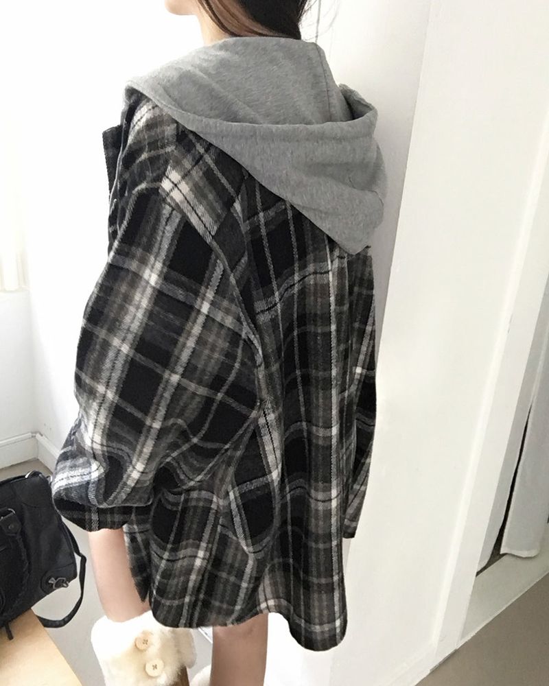 [ORIGINAL] Plain Hooded Check Shirt