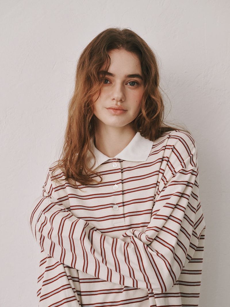 PLAT DU JOUR(プラドゥジュール)の「Stripe PK T-shirts (Wine)(Tops)」