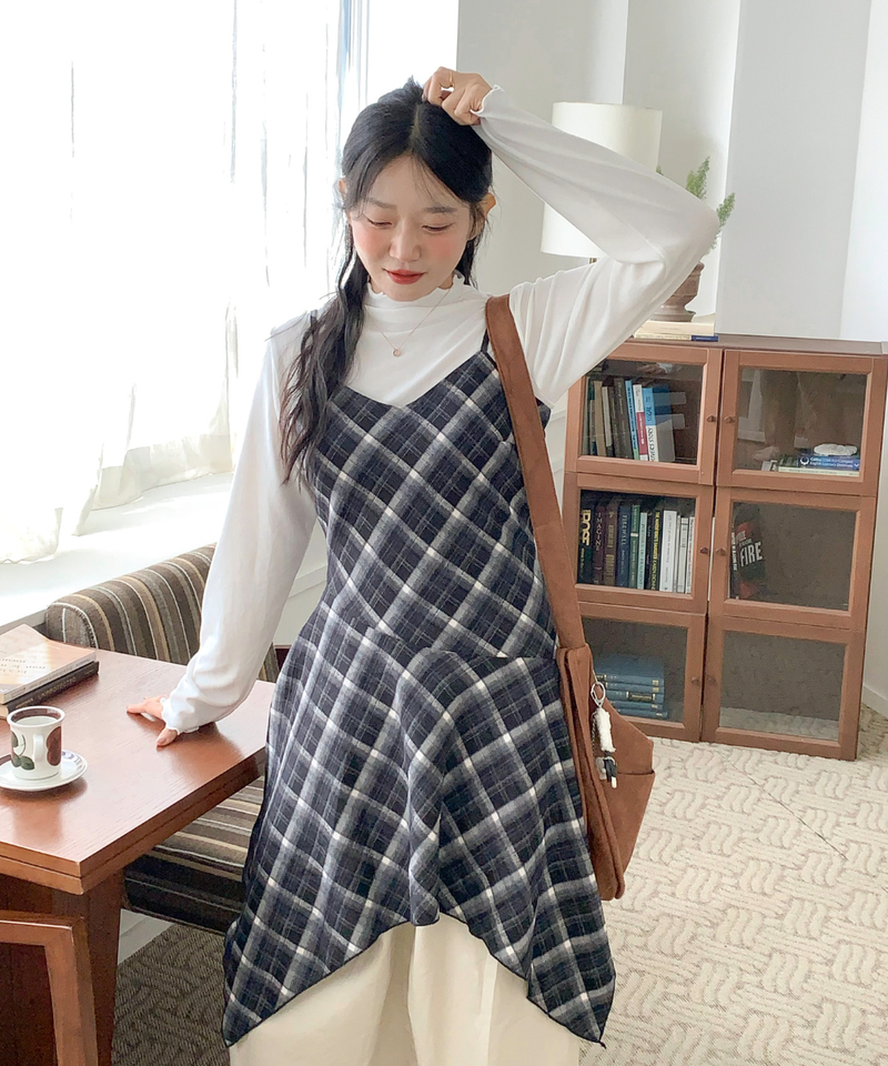 Mute Unbalanced Bustier Checkered Dress