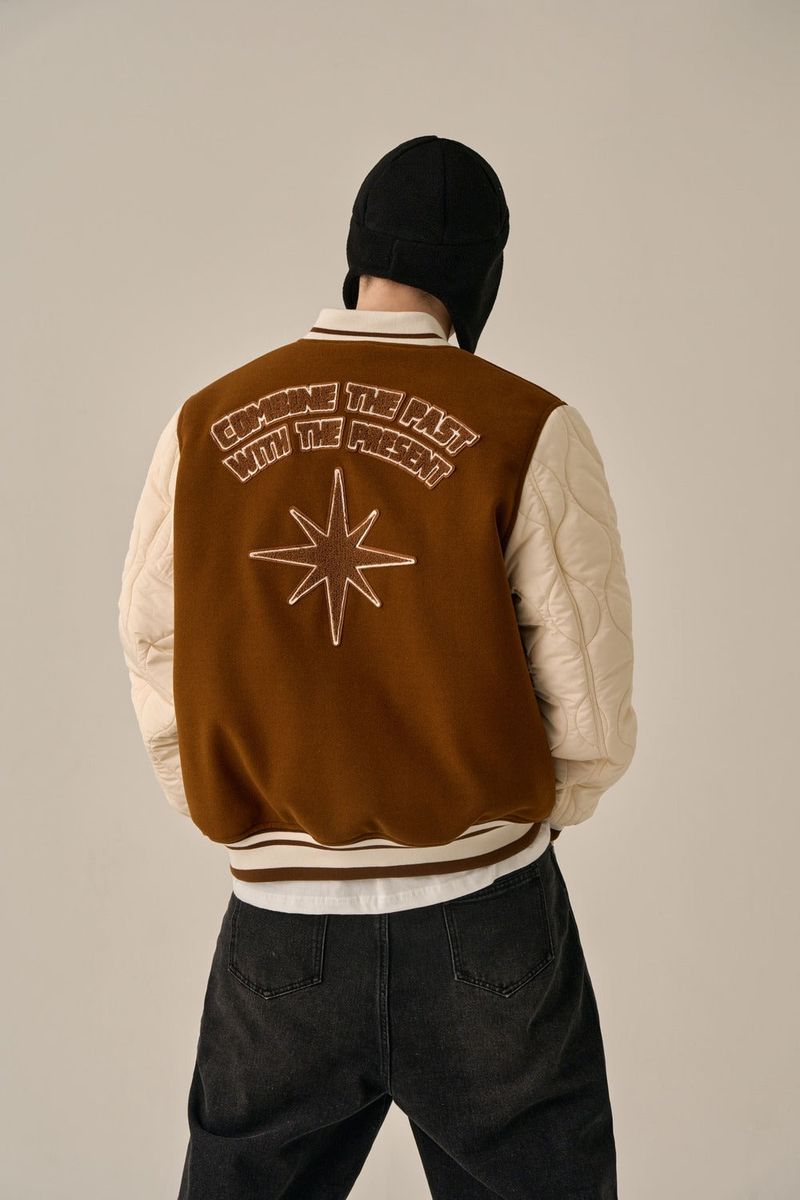 QUILTING POINT VARSITY JACKET - BROWN