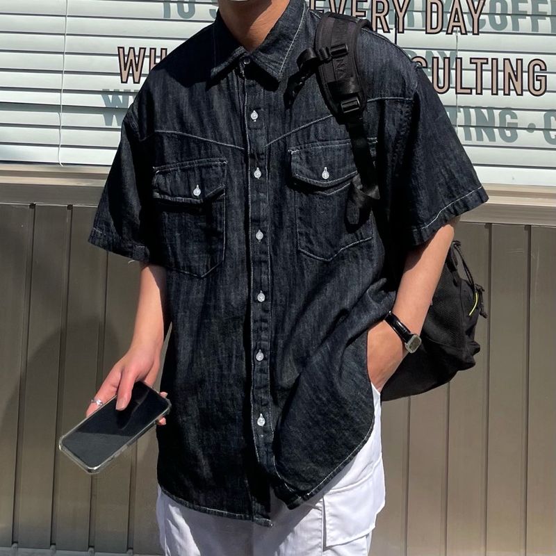 LINEN WESTERN DENIM HALF SHITRS(2COLOR)