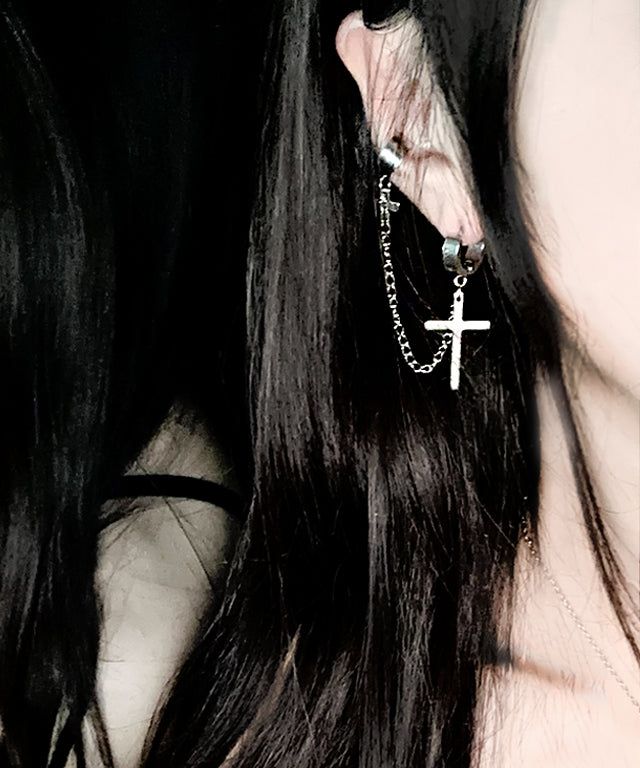 Two Cross chain One-Touch Earrings & Ear Cuff 1PC