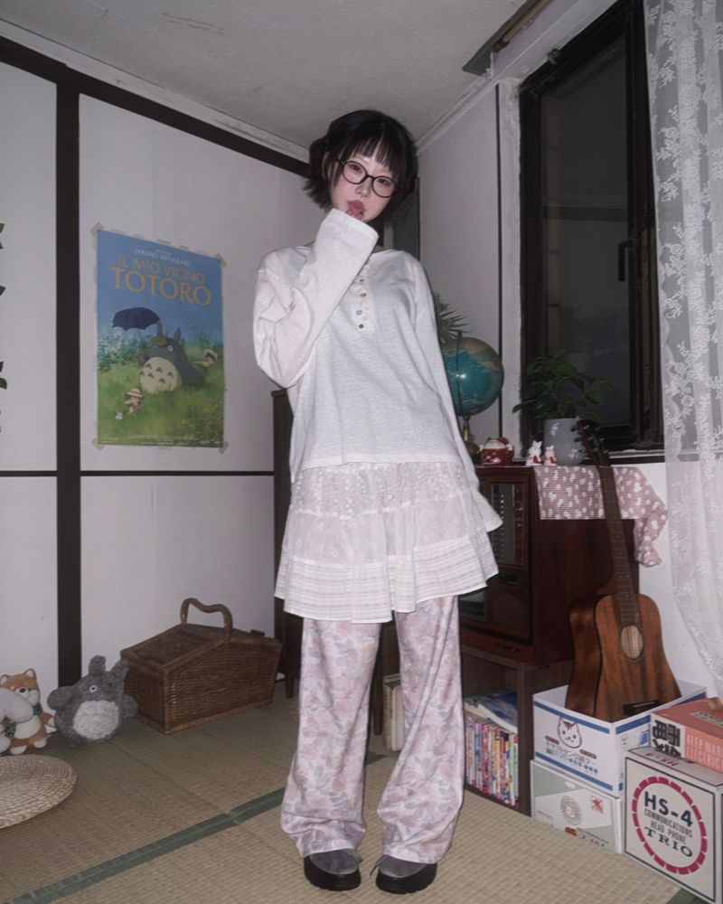 (2color) ミックスアップボタンネックスラブ長袖Tシャツ