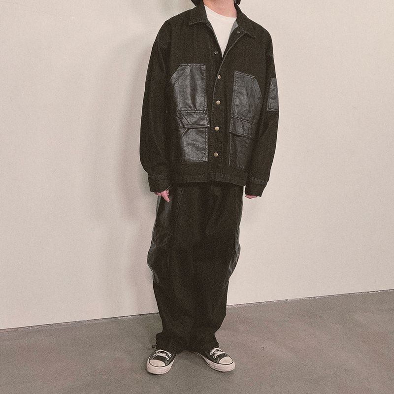 faux leather mix denim shirt_black