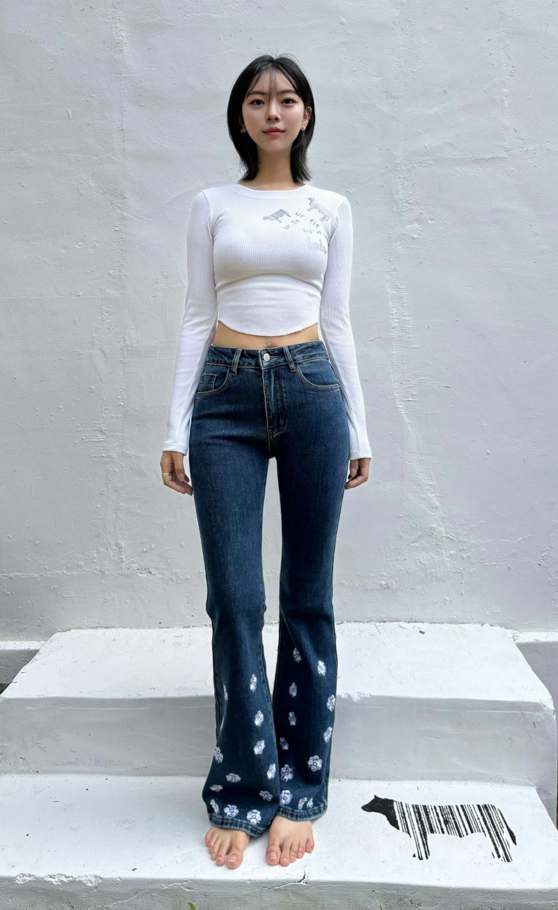 DARK BLUE EMBROIDERED SPANDEX BOOTCUT DENIM PANTS code 18315