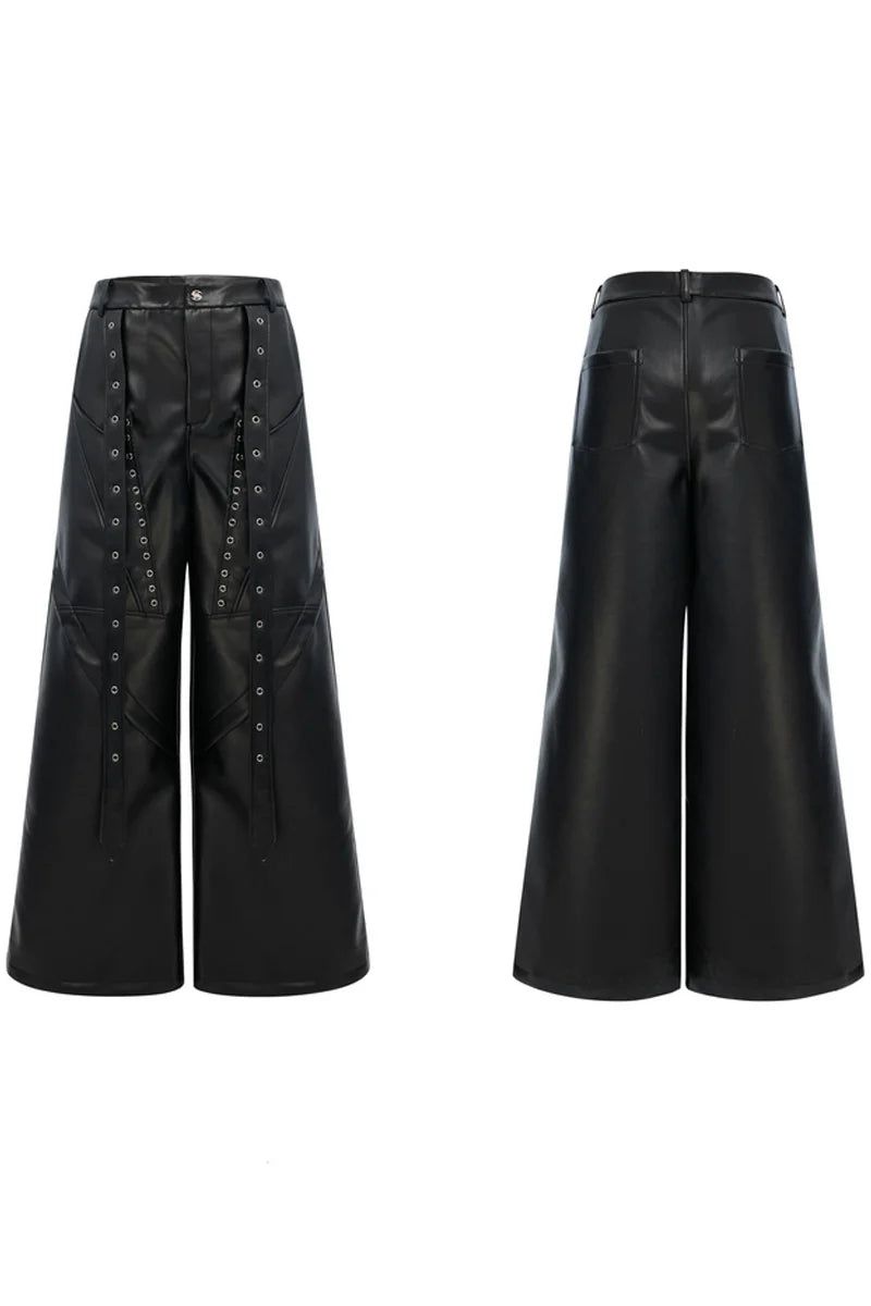 Deconstructed Studded Wide-Leg Leather Pants