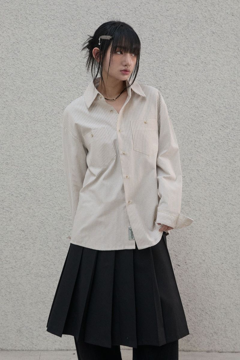 Lettering sleeve striped shirt - Beige