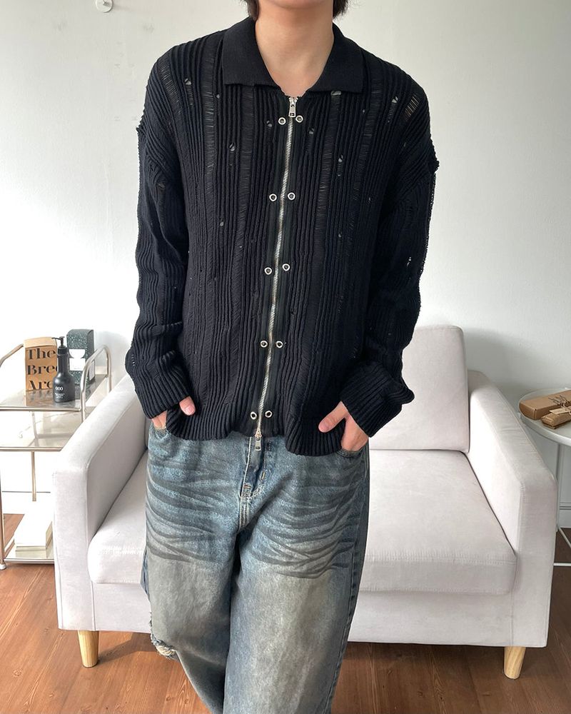 Eyelet Zip-up Knit Cardigan
