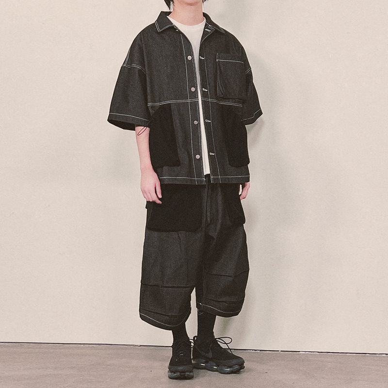reverse terry pocket denim shortsleeve shirt_black