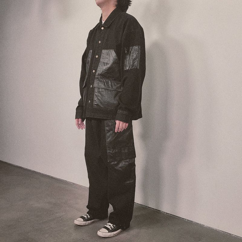 faux leather mix denim shirt_black