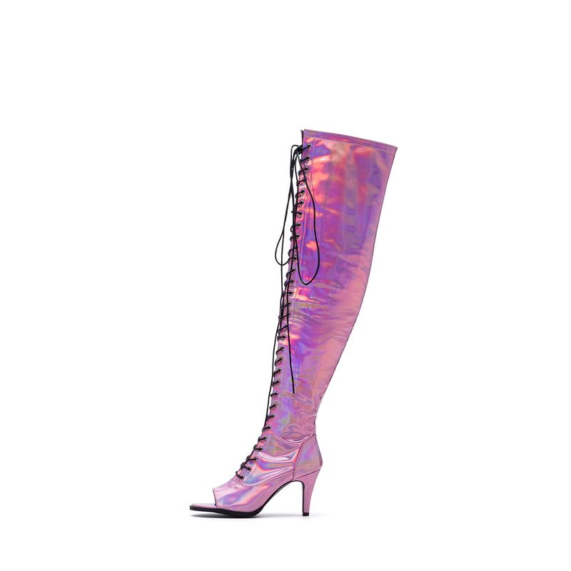 Hologram Thigh High Boots Heel(Pink)