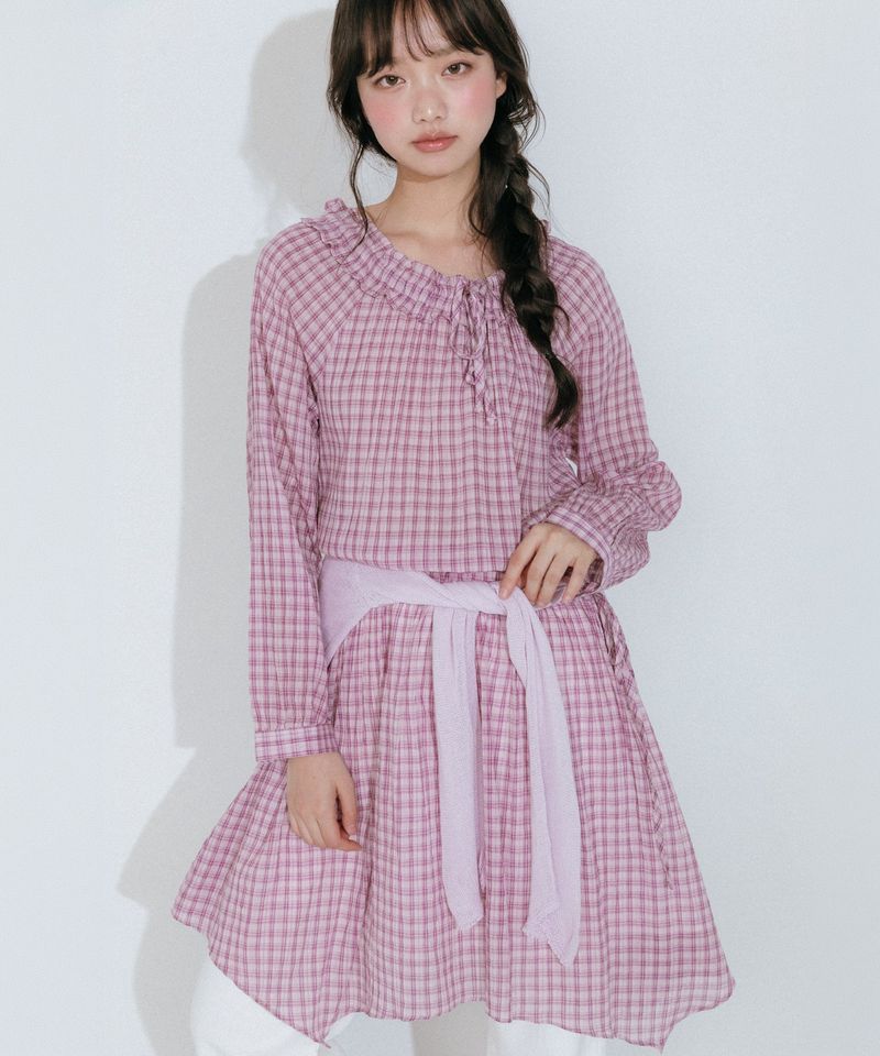 mellotory（メロートリー）の「FRILL NECK CHECK MIDI ONE-PIECE (VIOLET)（Dresses）」