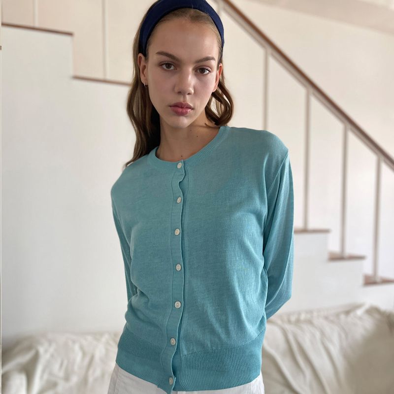 Summer Linen Round Neck Cardigan_Aqua Blue