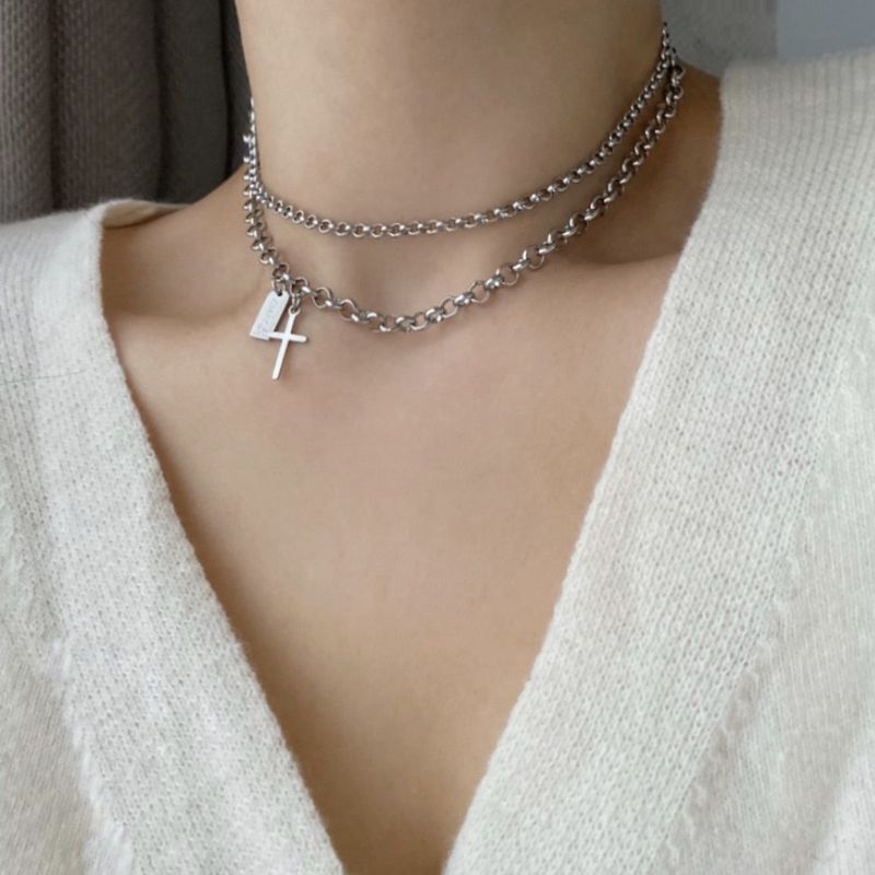 vop Bold Cross Two-Line Chain Choker Necklace