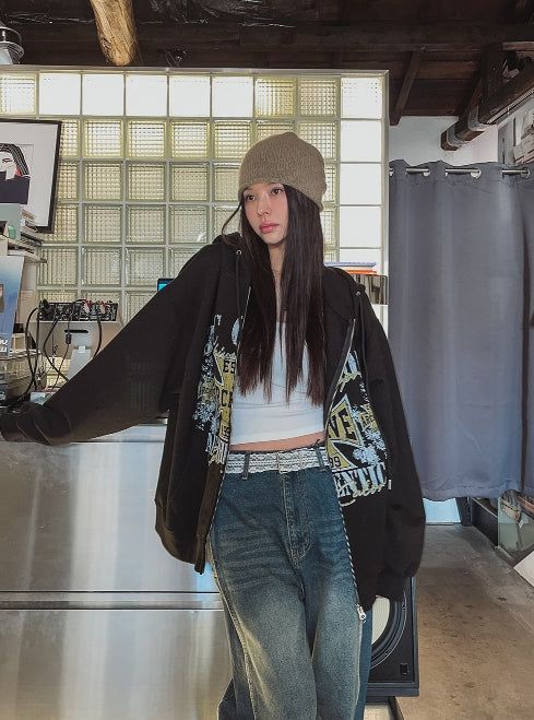 Cross Vintage Printing Two-Way Hood Zip-Up