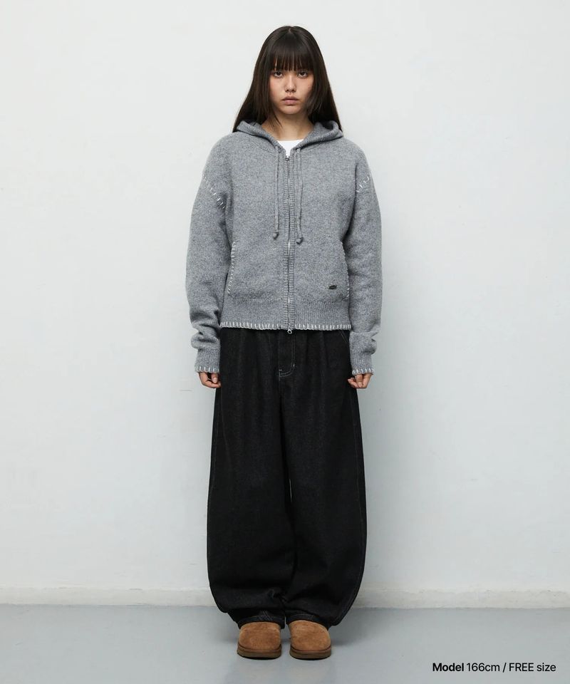 mahagrid（マハグリッド）の「STITCH CROP HOODED ZIP UP KNIT_GREY（Tops）」
