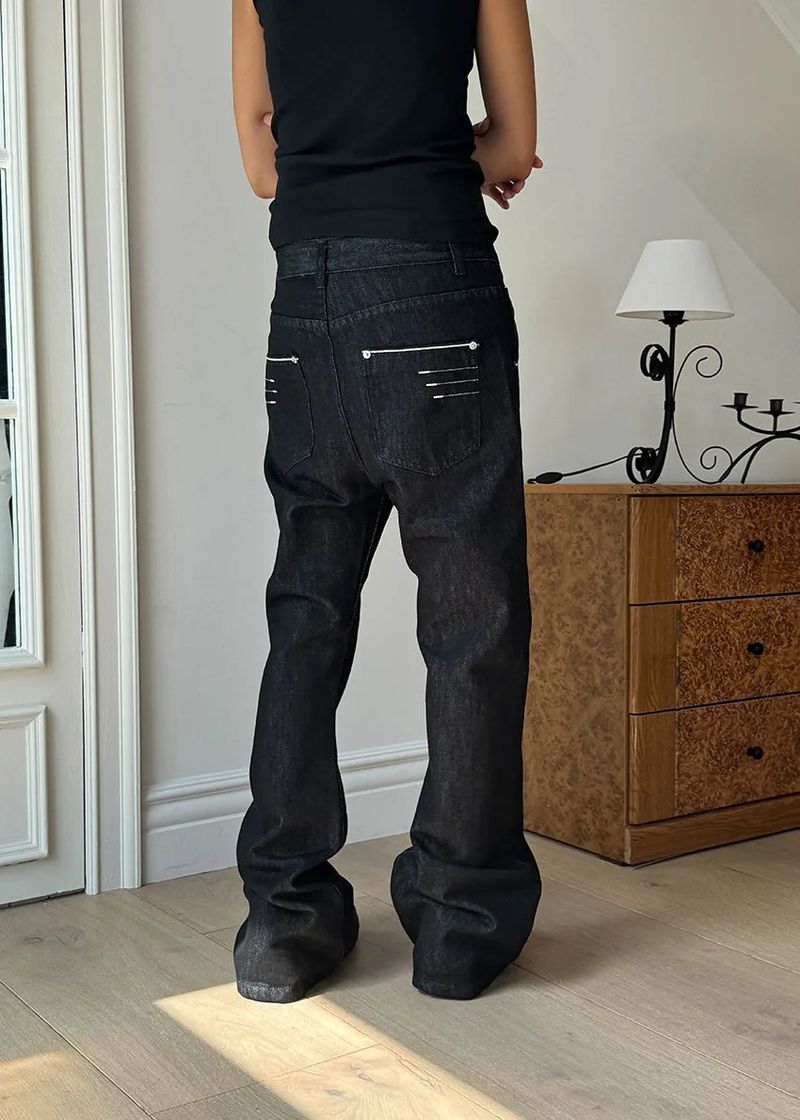 UNISEX) LEATHER STITCH FLARE DENIM (S-L)