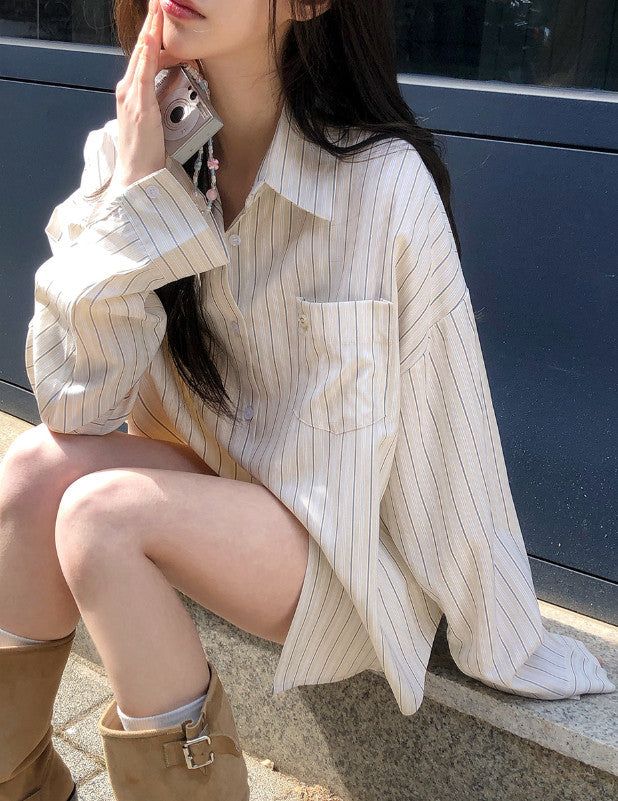 Today Loose Button Wrap Stripe Shirt (3color)