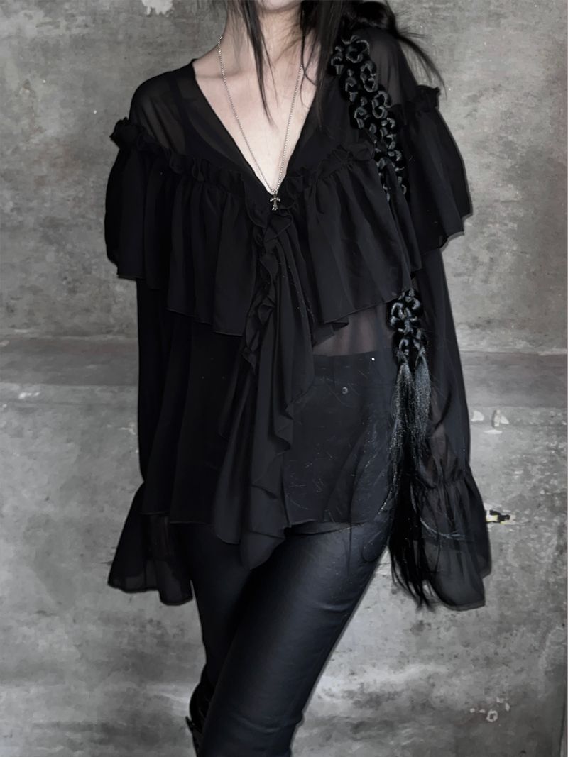 chiffon ruffle v-neck sheer blouse (2color)