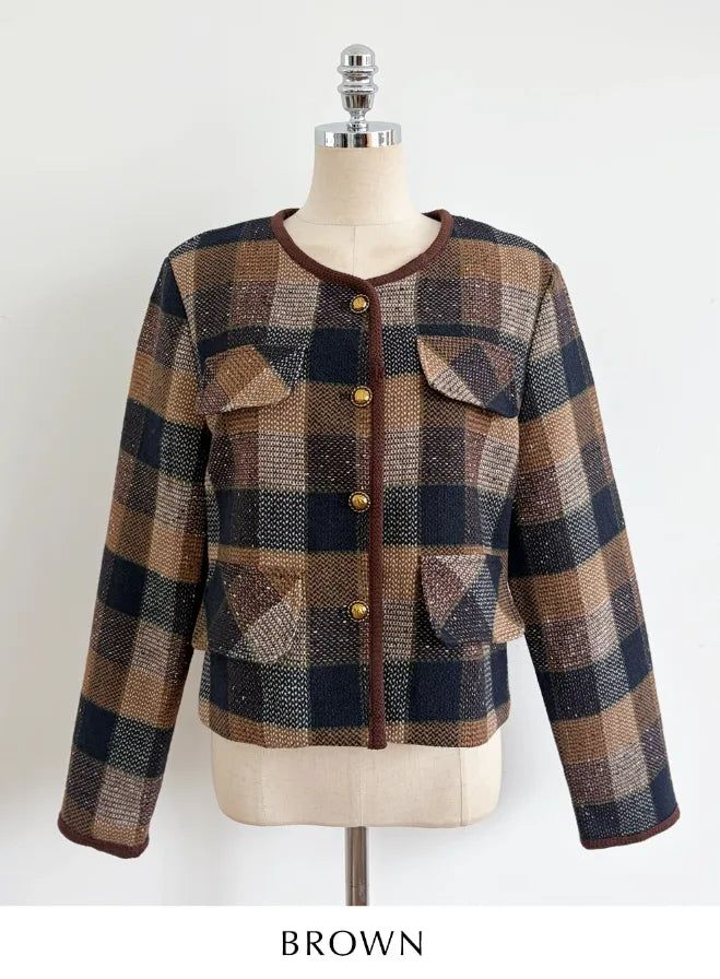 LT Round-Neck Color Matching Check Tweed Jacket